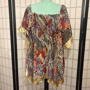 unique babydoll handkerchief hem satin minidress w gold trim floral ocean print